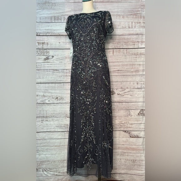 Pisarro Nights Dresses & Skirts - Pisarro Nights Beaded Mesh Column Gown Size 8 Slate Gray Beaded‎ Sequins NWT